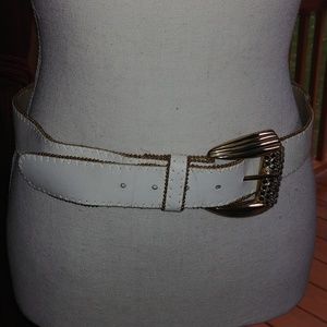 Vintage white leather brass and crystals buckle